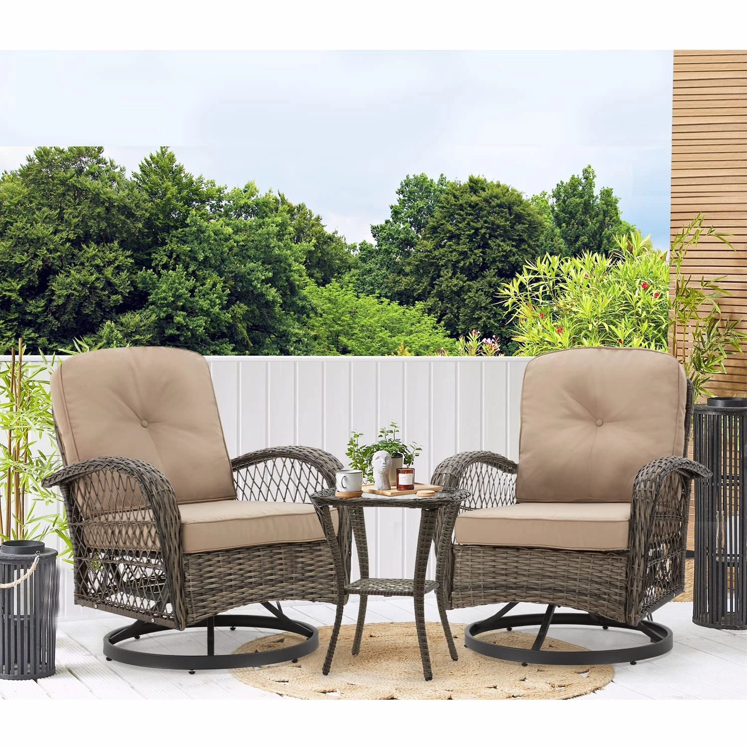 HOMREST 3-piece Patio Swivel Glider Chair Set360 Glide & Rotate, Khaki