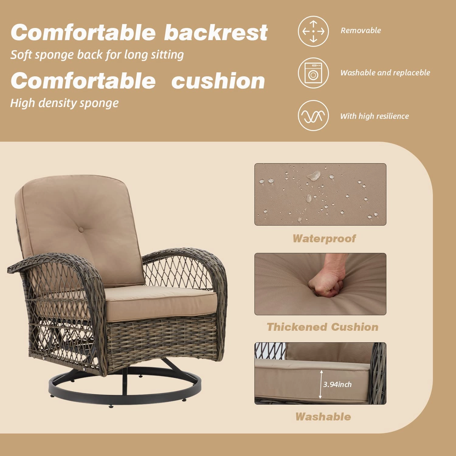 HOMREST 3-piece Patio Swivel Glider Chair Set360 Glide & Rotate, Khaki