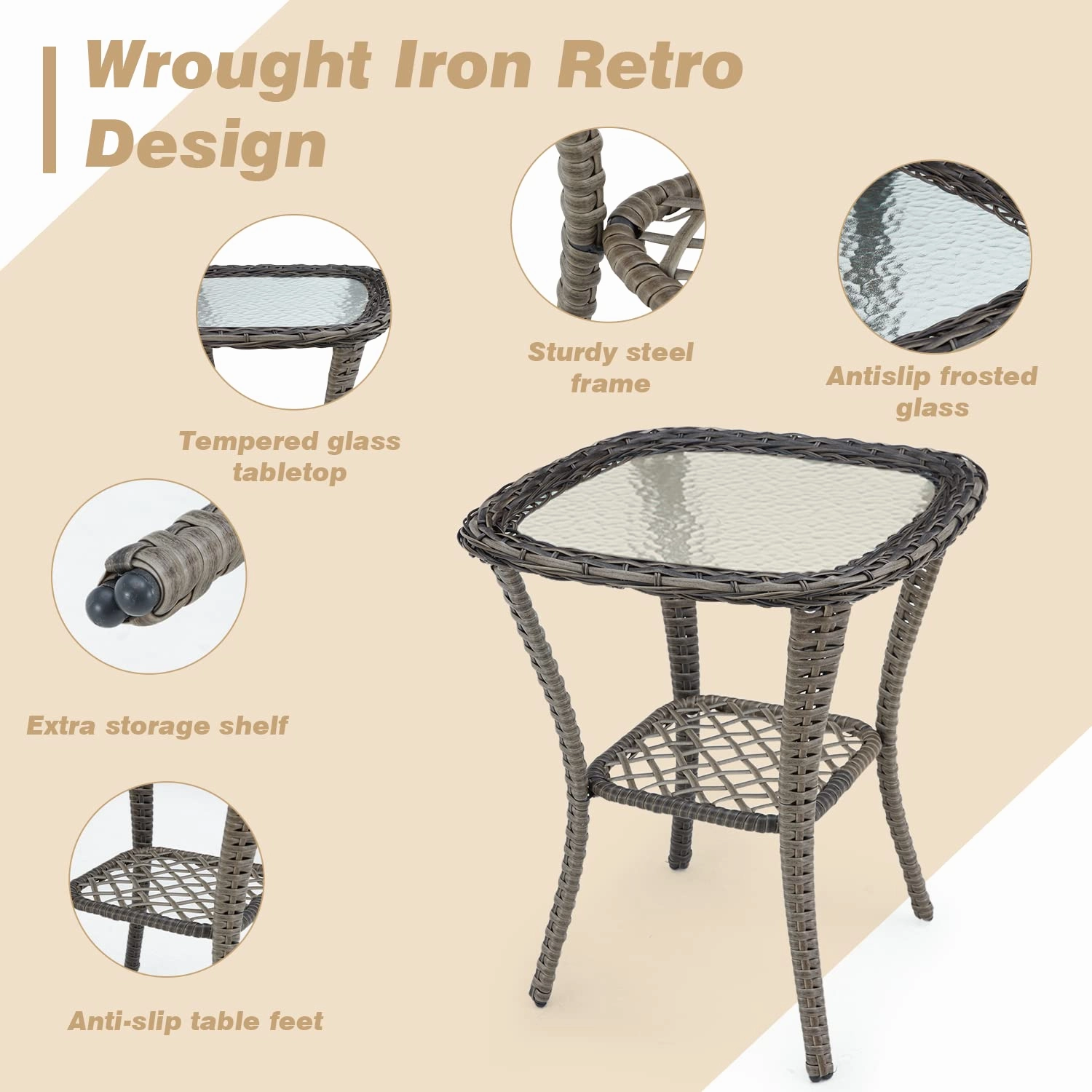 HOMREST 3-piece Patio Swivel Glider Chair Set360 Glide & Rotate, Khaki