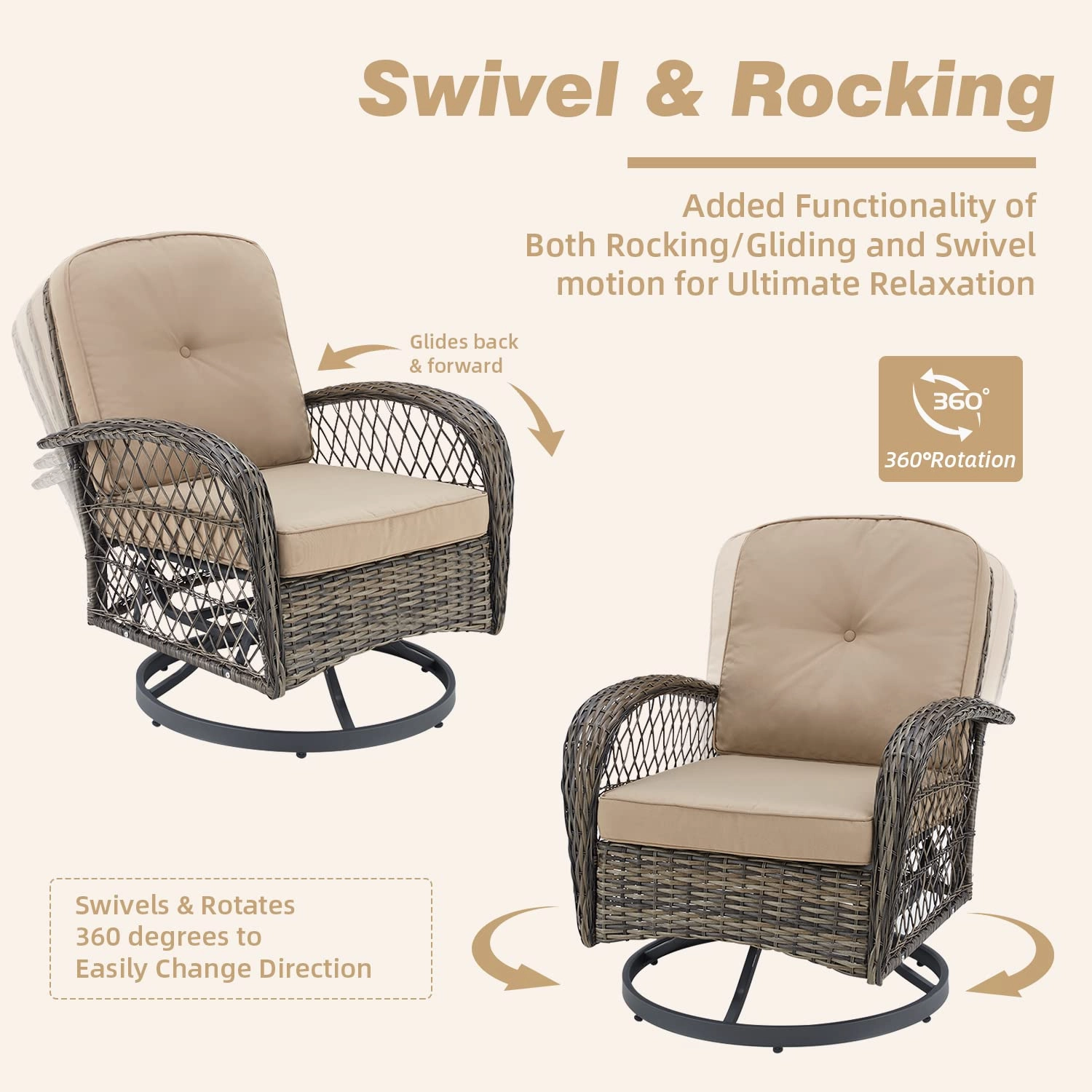 HOMREST 3-piece Patio Swivel Glider Chair Set360 Glide & Rotate, Khaki
