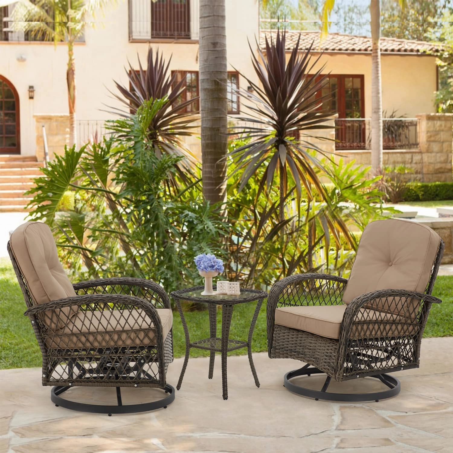HOMREST 3-piece Patio Swivel Glider Chair Set360 Glide & Rotate, Khaki