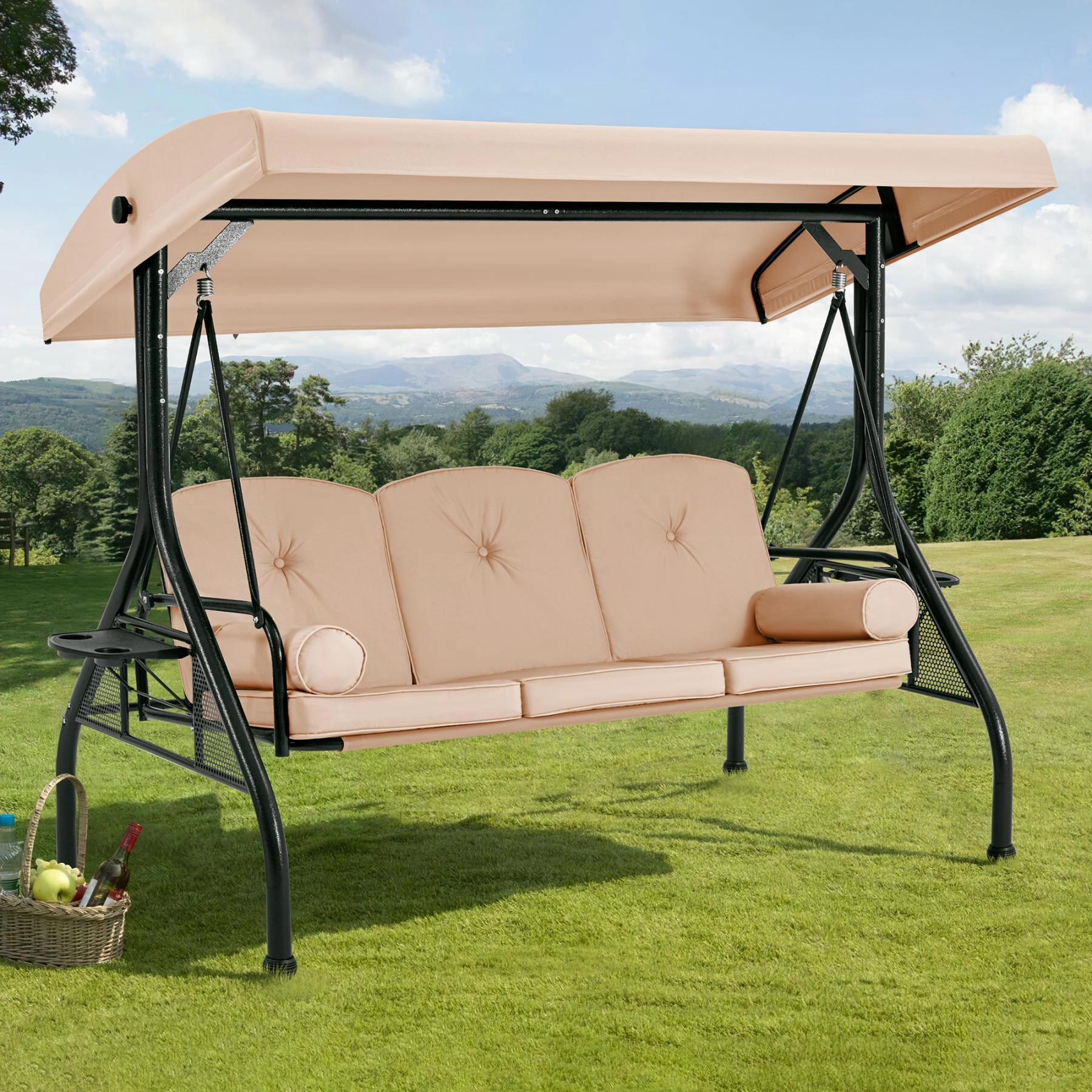 homrest 3-Seat Outdoor Porch Swing with Adjustable Canopy Backrest and 2 Side Traysoutdoor patio furniture set