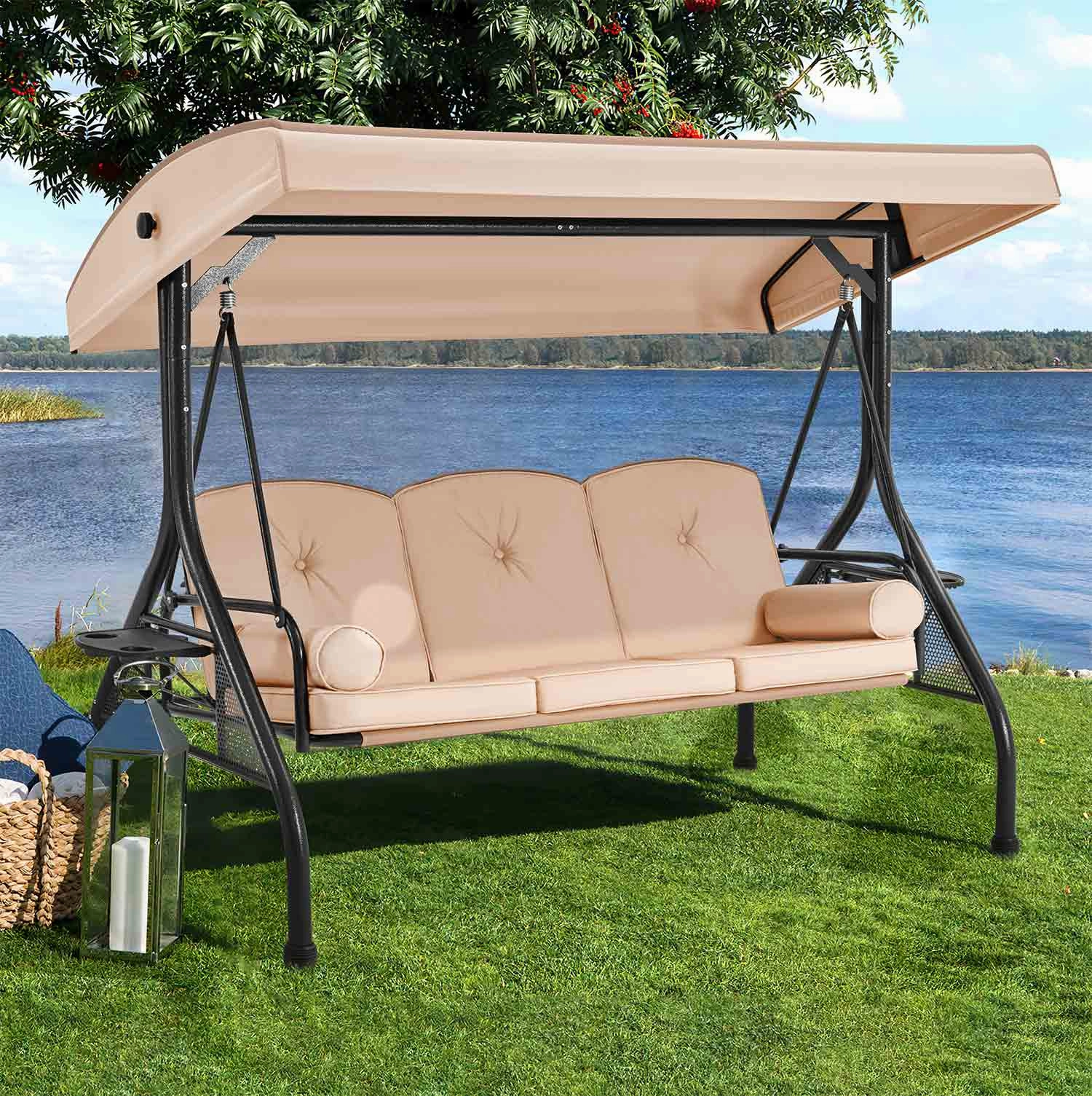 homrest 3-Seat Outdoor Porch Swing with Adjustable Canopy Backrest and 2 Side Trays