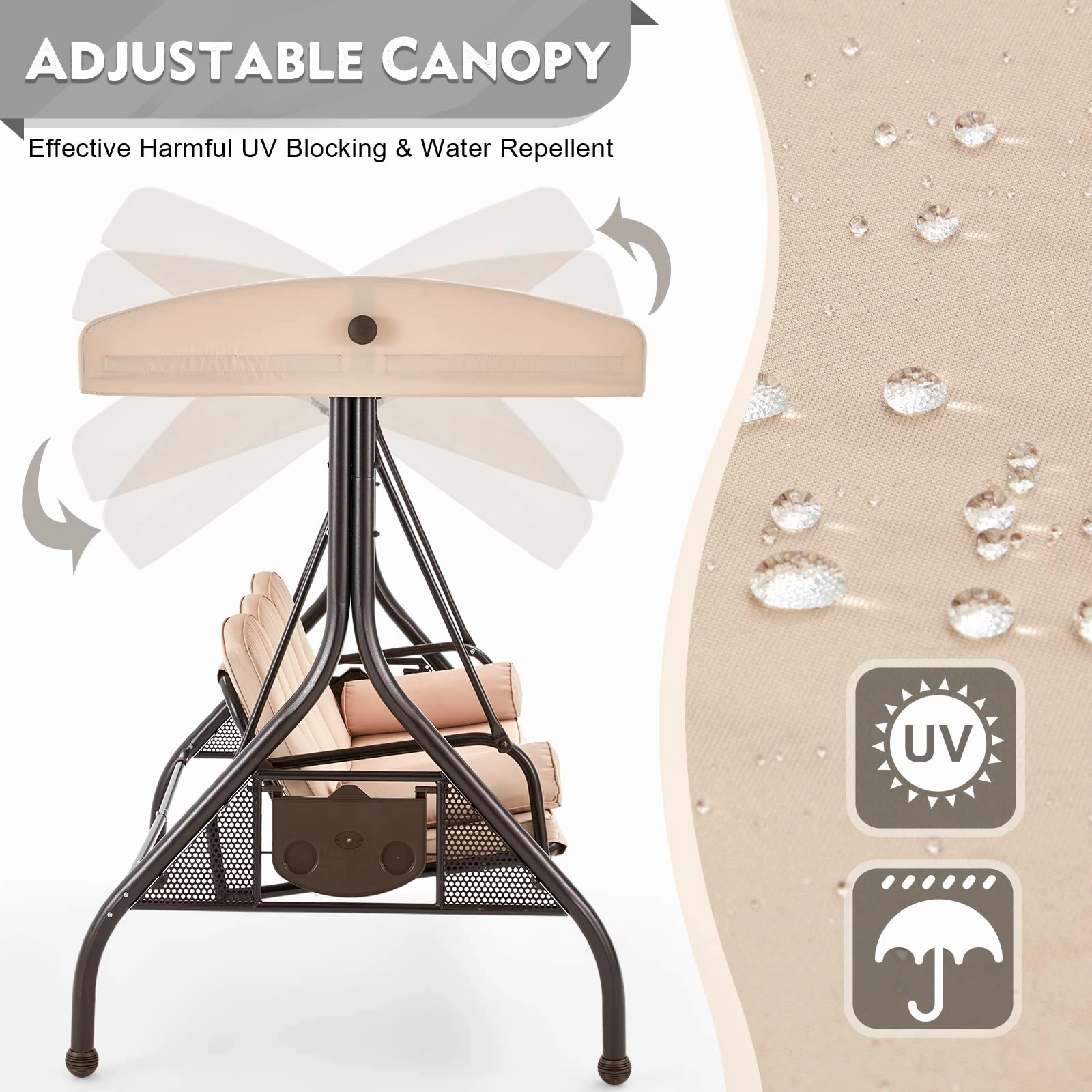 homrest 3-Seat Outdoor Porch Swing with Adjustable Canopy Backrest and 2 Side Trays