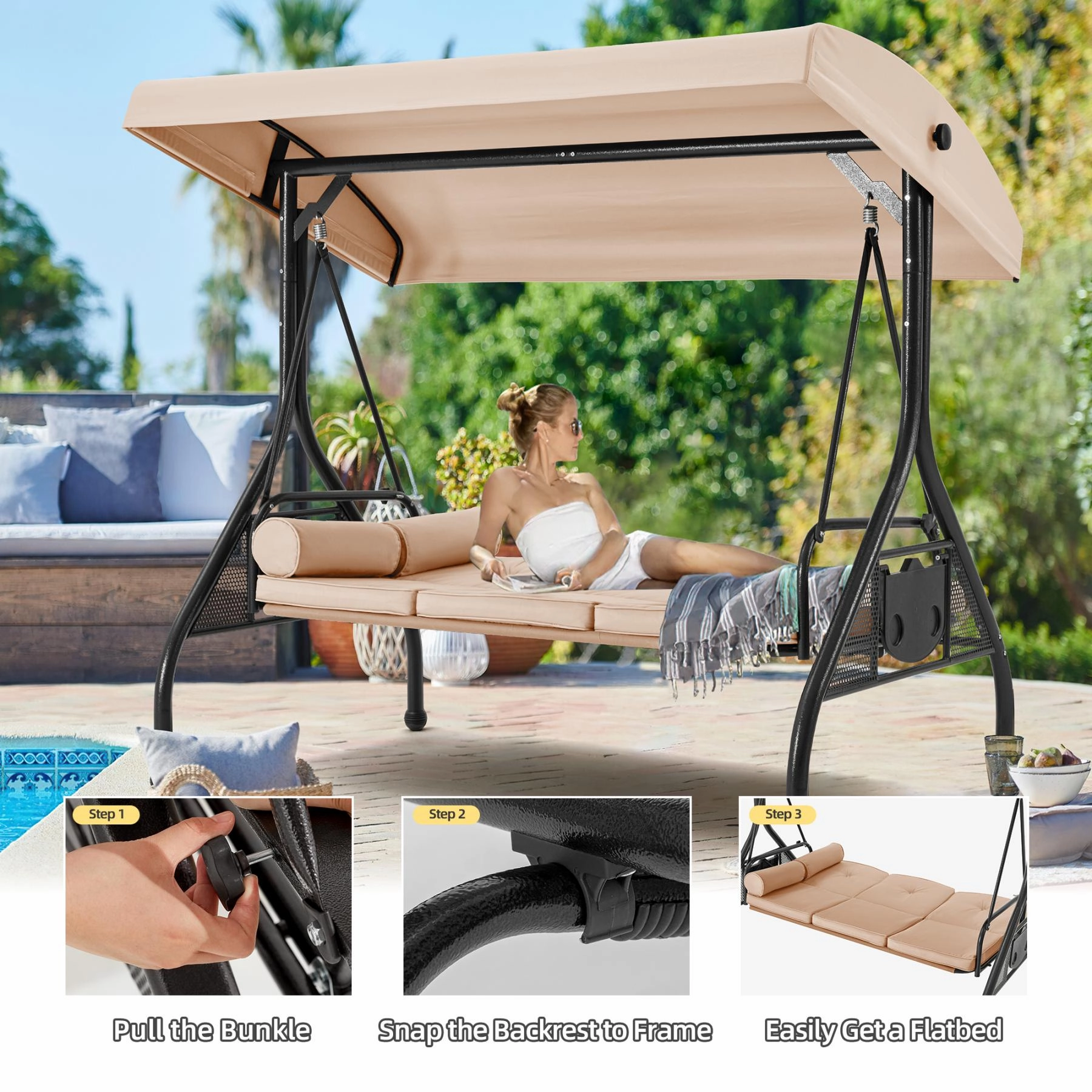 homrest 3-Seat Outdoor Porch Swing with Adjustable Canopy Backrest and 2 Side Trays