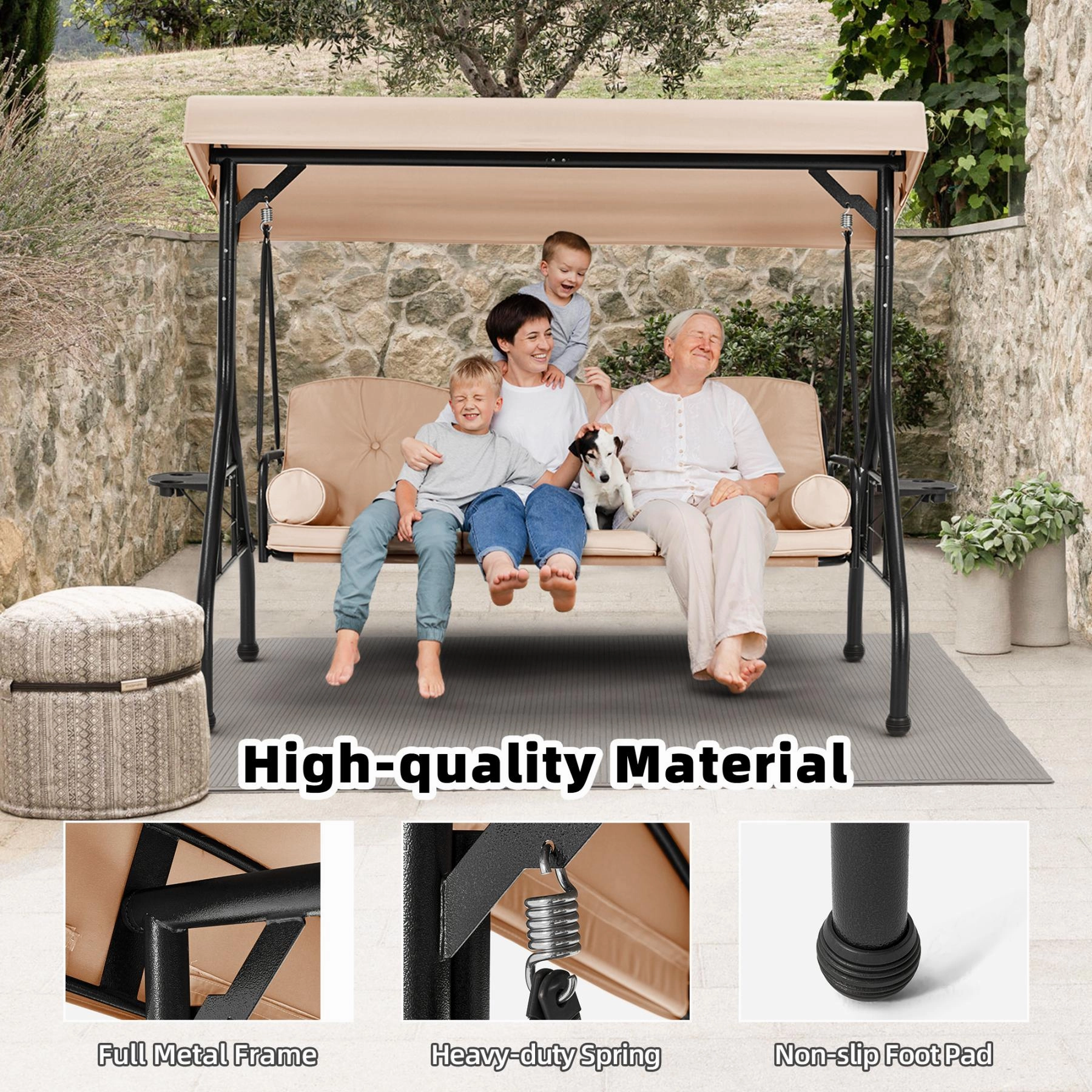 homrest 3-Seat Outdoor Porch Swing with Adjustable Canopy Backrest and 2 Side Trays