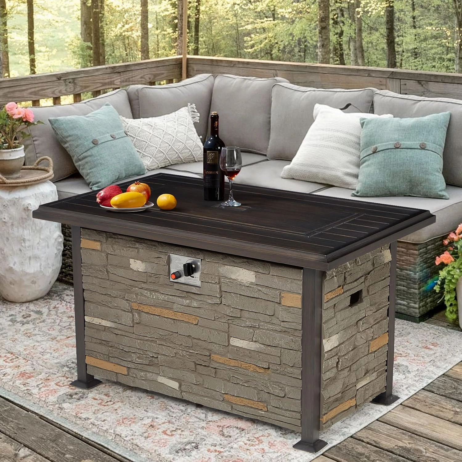 Homrest 44'' Propane Gas Fire Pit Table 50000 BTU  w/ Faux Ledgestone, Gray
