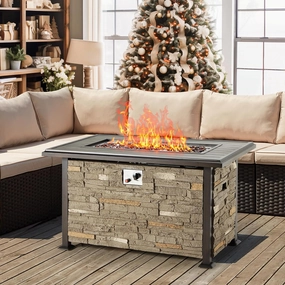 Homrest 44'' Propane Gas Fire Pit Table 50000 BTU  w/ Faux Ledgestone, Grayportable outdoor fire pit with lid