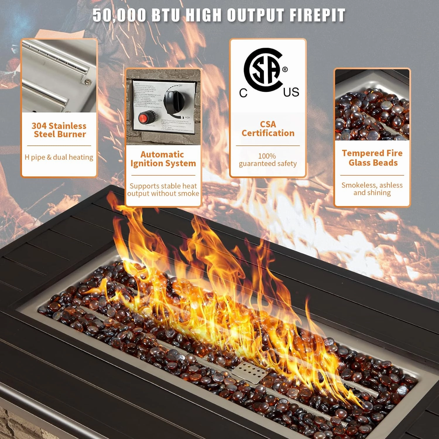 Homrest 44'' Propane Gas Fire Pit Table 50000 BTU  w/ Faux Ledgestone, Gray