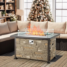 Homrest 44'' Propane Gas Fire Pit Table w/ Faux Ledgestone and Wind guard, Grayportable outdoor fire pit with lid