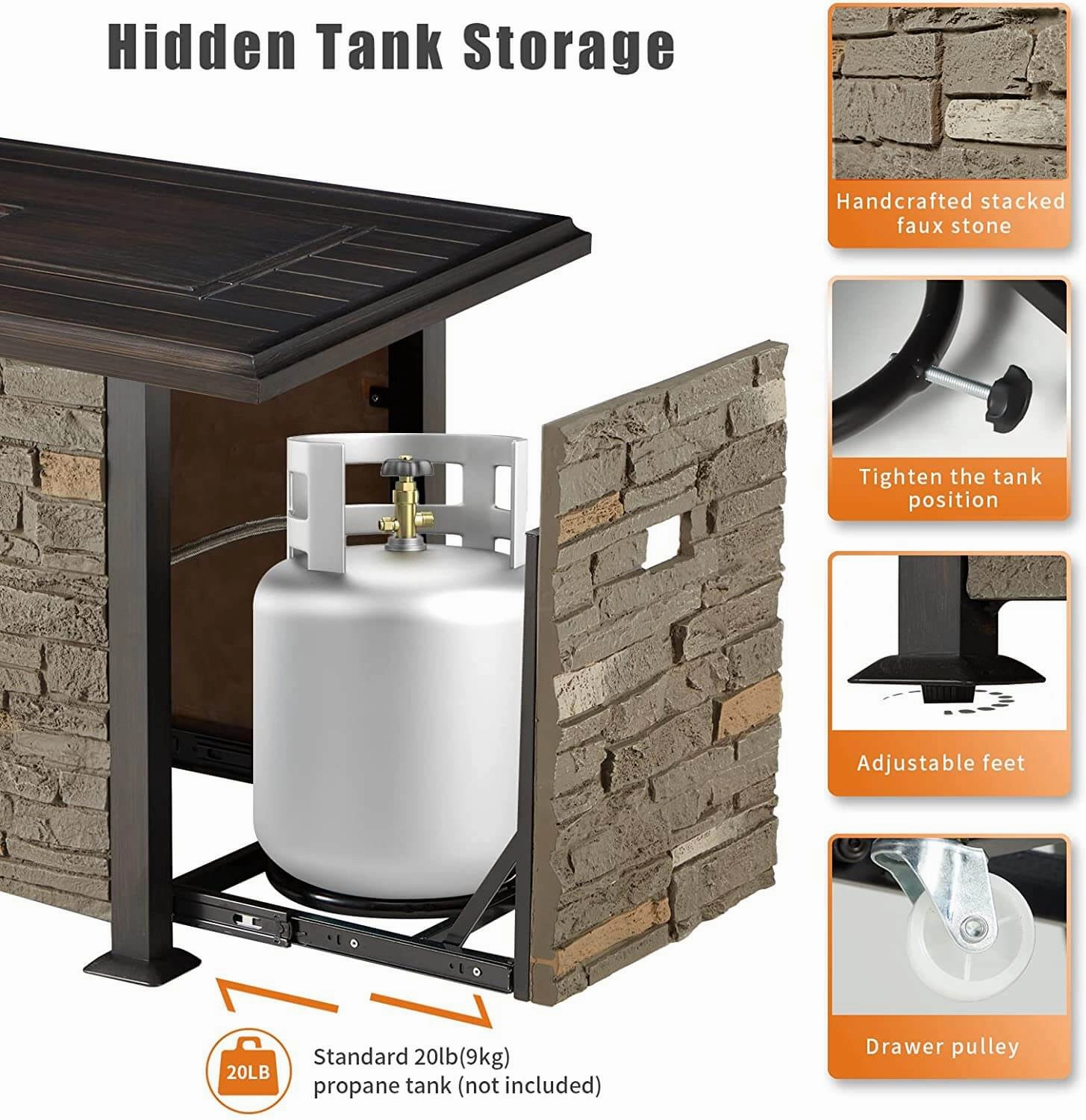 Homrest 44'' Propane Gas Fire Pit Table w/ Faux Ledgestone and Wind guard, Gray
