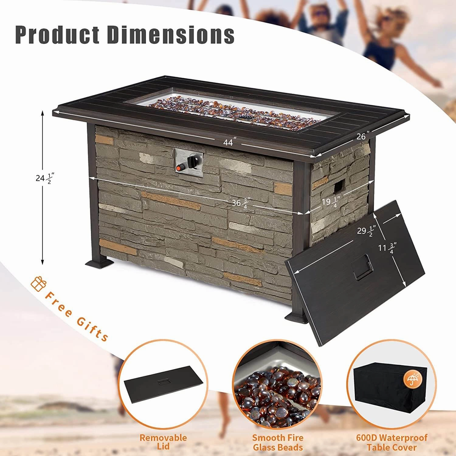 Homrest 44'' Propane Gas Fire Pit Table w/ Faux Ledgestone and Wind guard, Gray