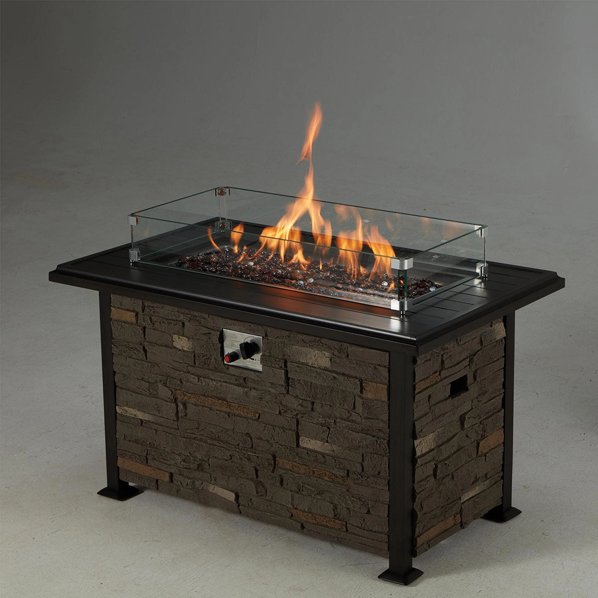 Homrest 44'' Propane Gas Fire Pit Table w/ Faux Ledgestone and Wind guard, Gray