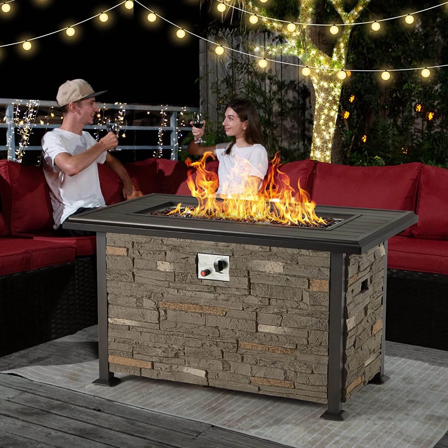 Homrest 44'' Propane Gas Fire Pit Table w/ Faux Ledgestone and Wind guard, Gray