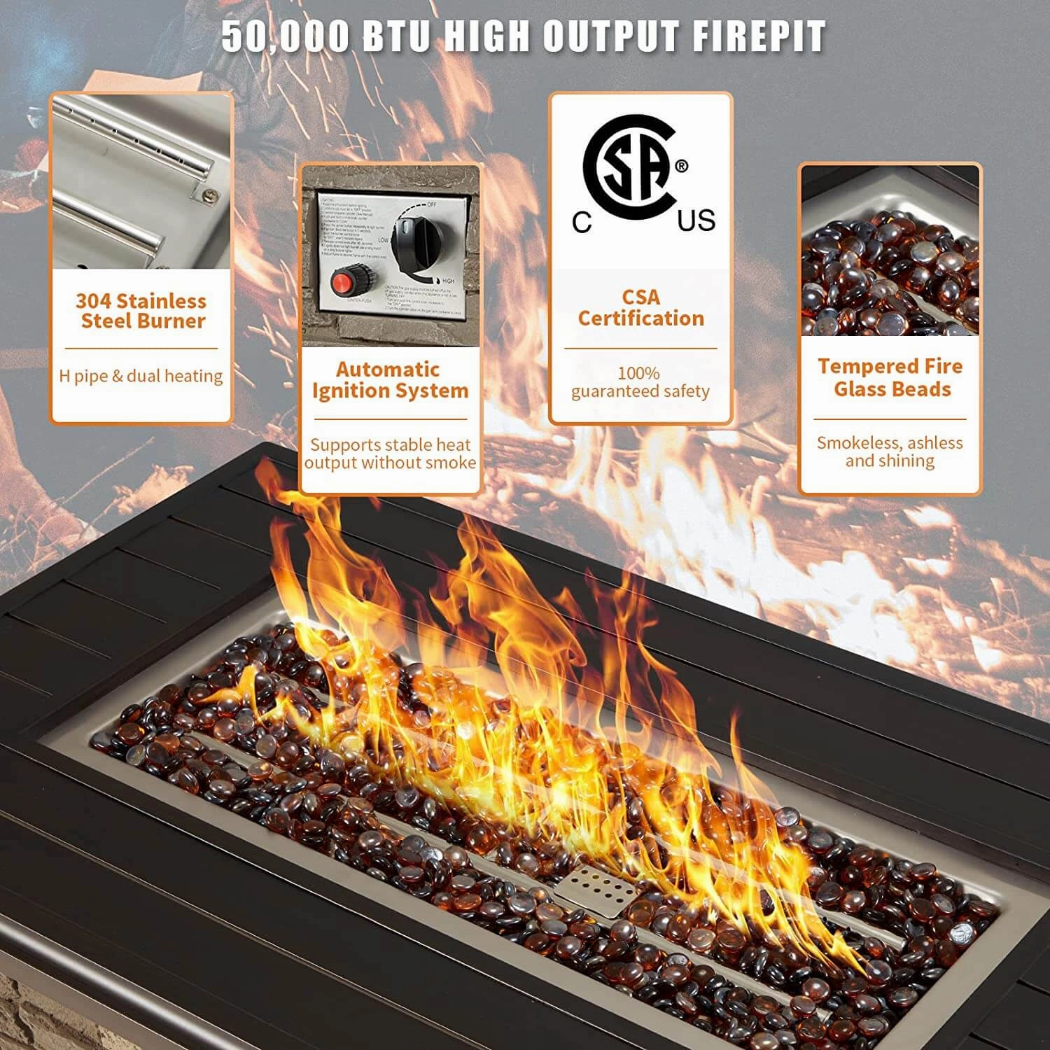 Homrest 44'' Propane Gas Fire Pit Table w/ Faux Ledgestone and Wind guard, Gray