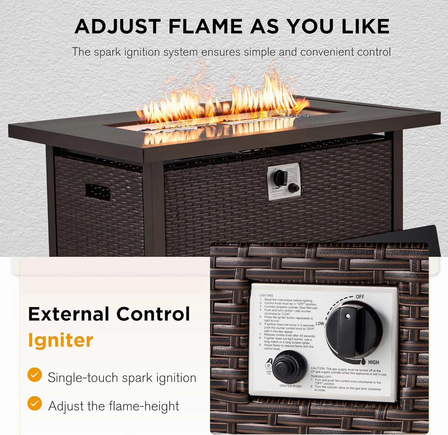 Homrest 44 in Outdoor Propane Gas Fire Pit Table with Glass Wind Guard, Dark Brown