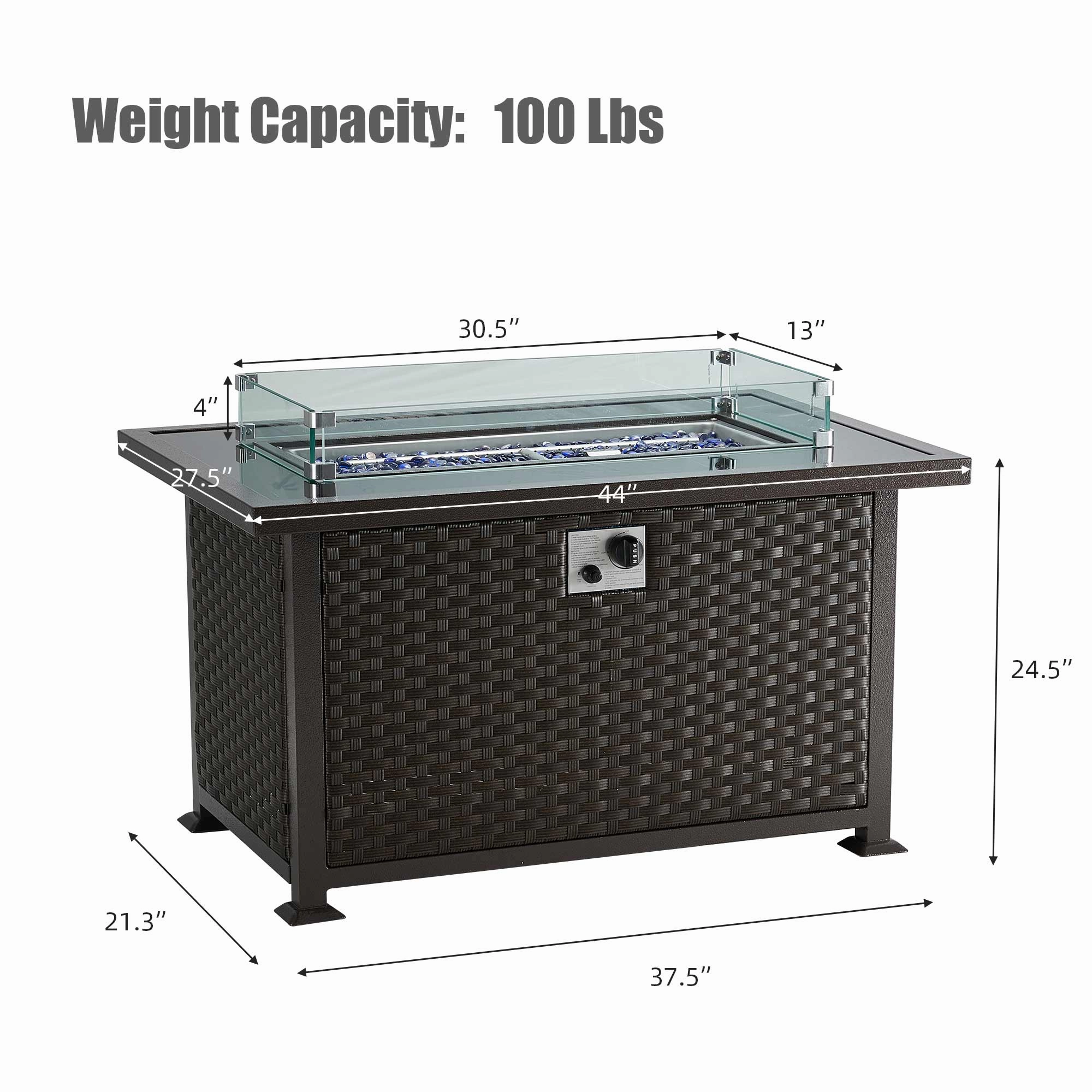 Homrest 44 in Outdoor Propane Gas Fire Pit Table with Glass Wind Guard, Dark Brown