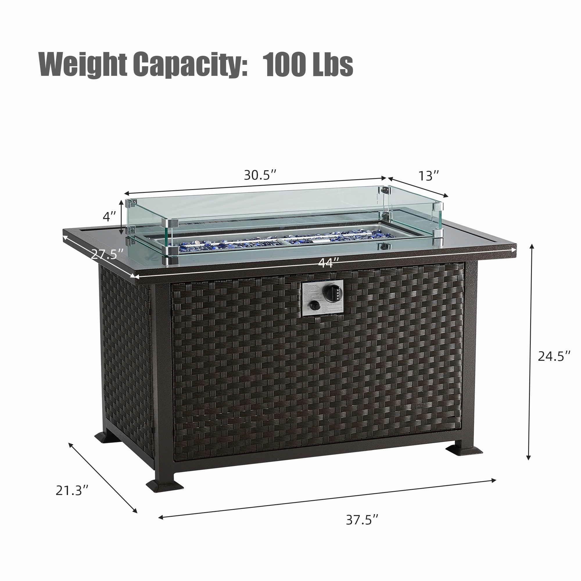 Homrest 44 in Outdoor Propane Gas Fire Pit Table with Glass Wind Guard, Dark Brown