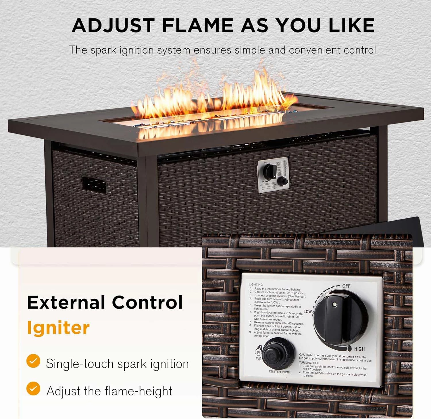Homrest 44 in Outdoor Propane Gas Fire Pit Table with Glass Wind Guard, Dark Brown