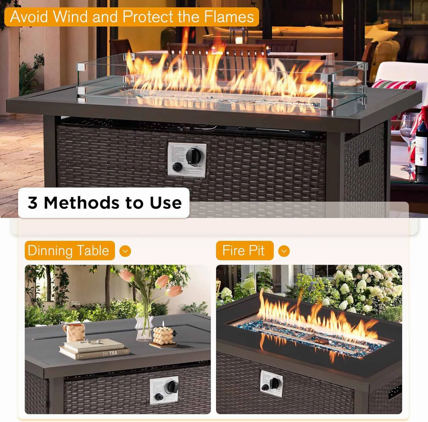 Homrest 44 in Outdoor Propane Gas Fire Pit Table with Glass Wind Guard, Dark Brown