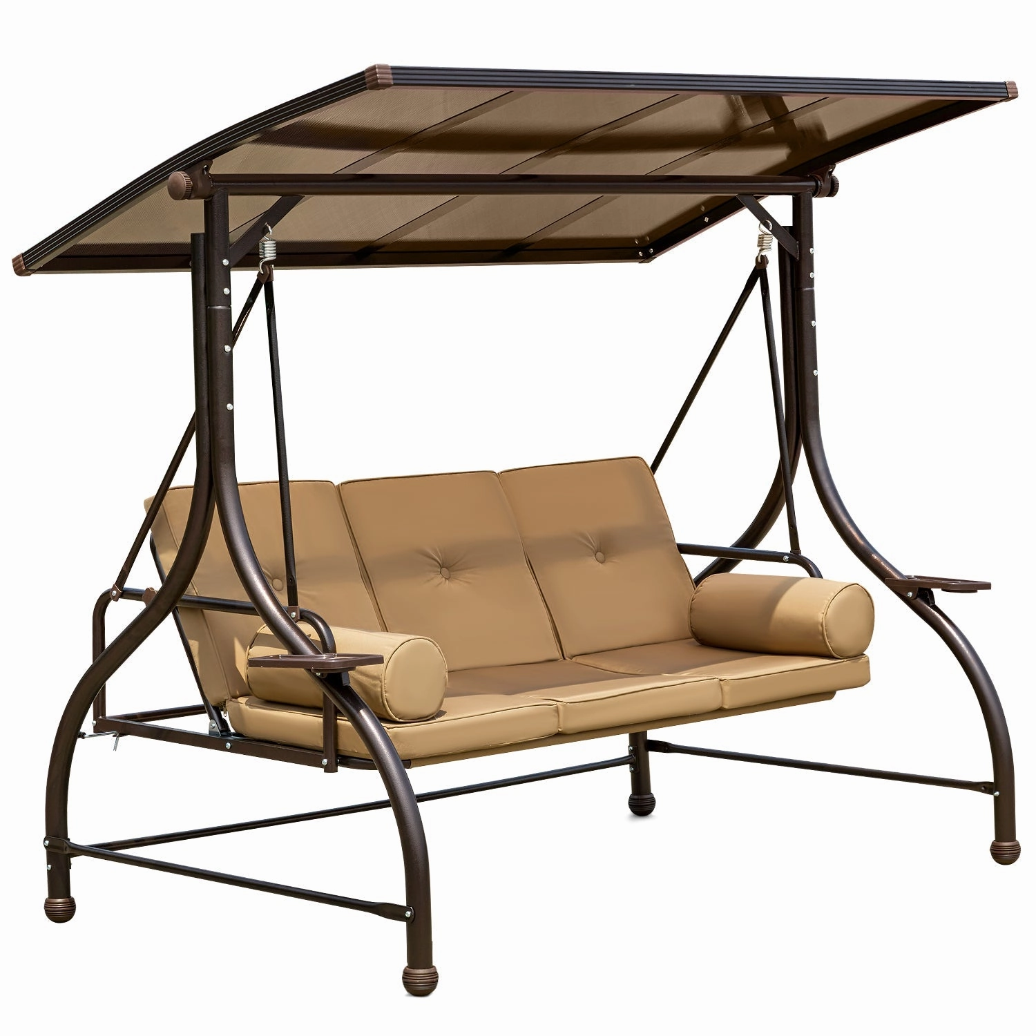 HOMREST 57in Outdoor Patio Swing with Hardtop,  Convertible Backrest Swing Bed with Cushion, 2 Pillows