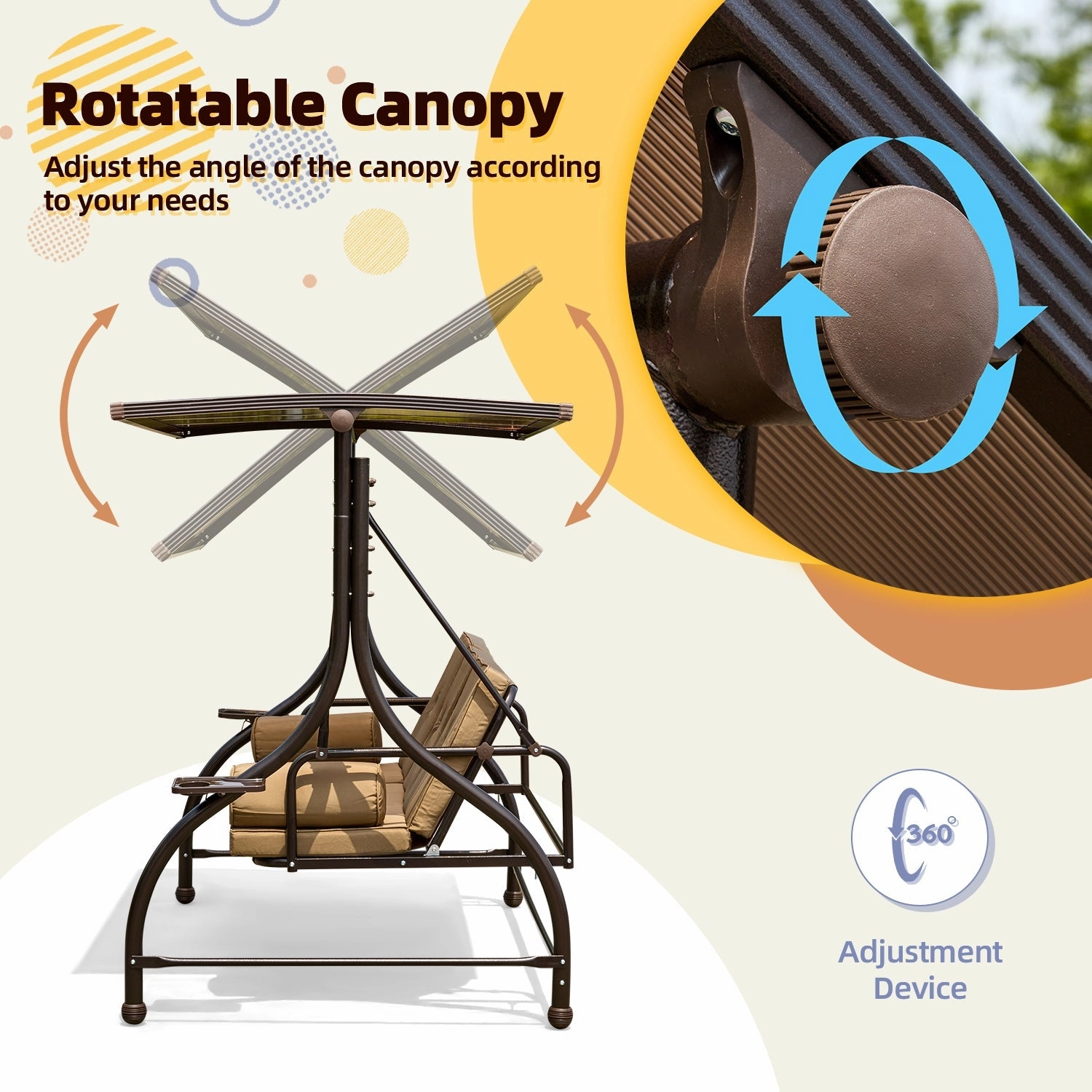 HOMREST 57in Outdoor Patio Swing with Hardtop,  Convertible Backrest Swing Bed with Cushion, 2 Pillows