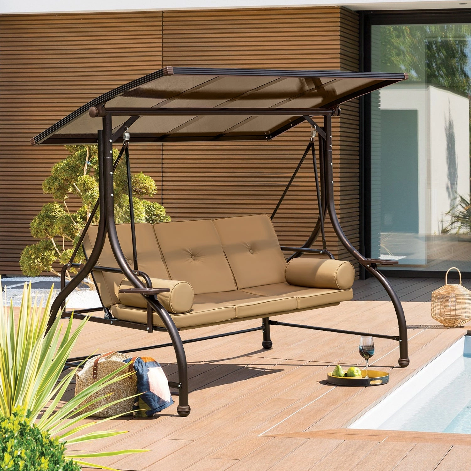 HOMREST 57in Outdoor Patio Swing with Hardtop,  Convertible Backrest Swing Bed with Cushion, 2 Pillows