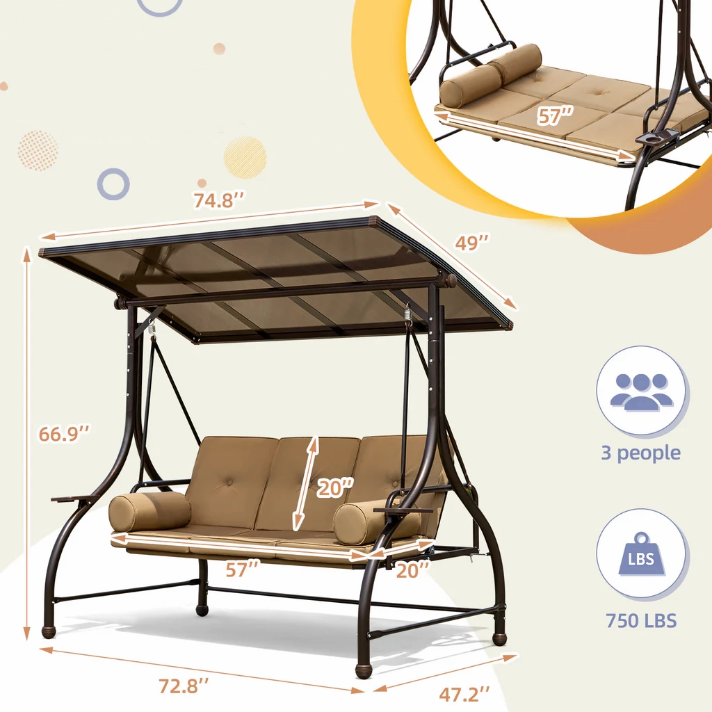 HOMREST 57in Outdoor Patio Swing with Hardtop,  Convertible Backrest Swing Bed with Cushion, 2 Pillows