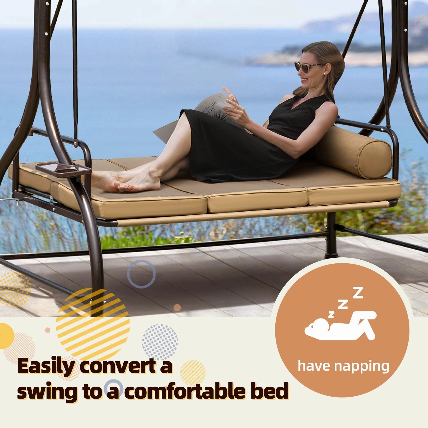 HOMREST 57in Outdoor Patio Swing with Hardtop,  Convertible Backrest Swing Bed with Cushion, 2 Pillows