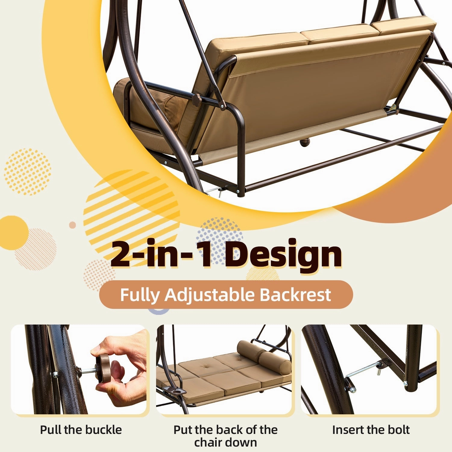 HOMREST 57in Outdoor Patio Swing with Hardtop,  Convertible Backrest Swing Bed with Cushion, 2 Pillows