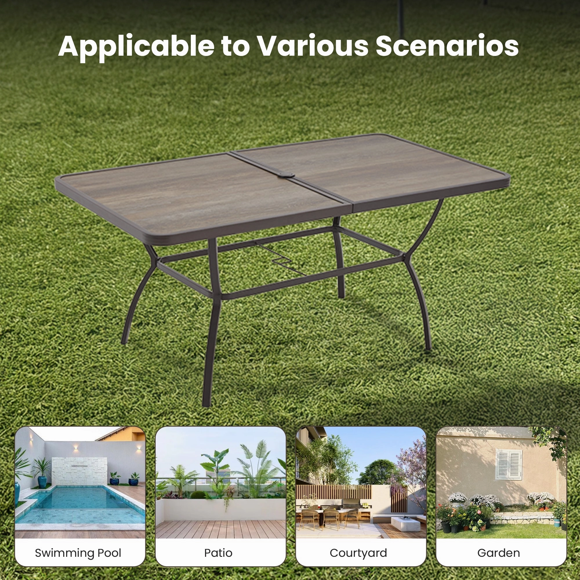 HOMREST 63" x 36" Outdoor Patio Dining Table with 1.96" Adjustable Umbrella Hole