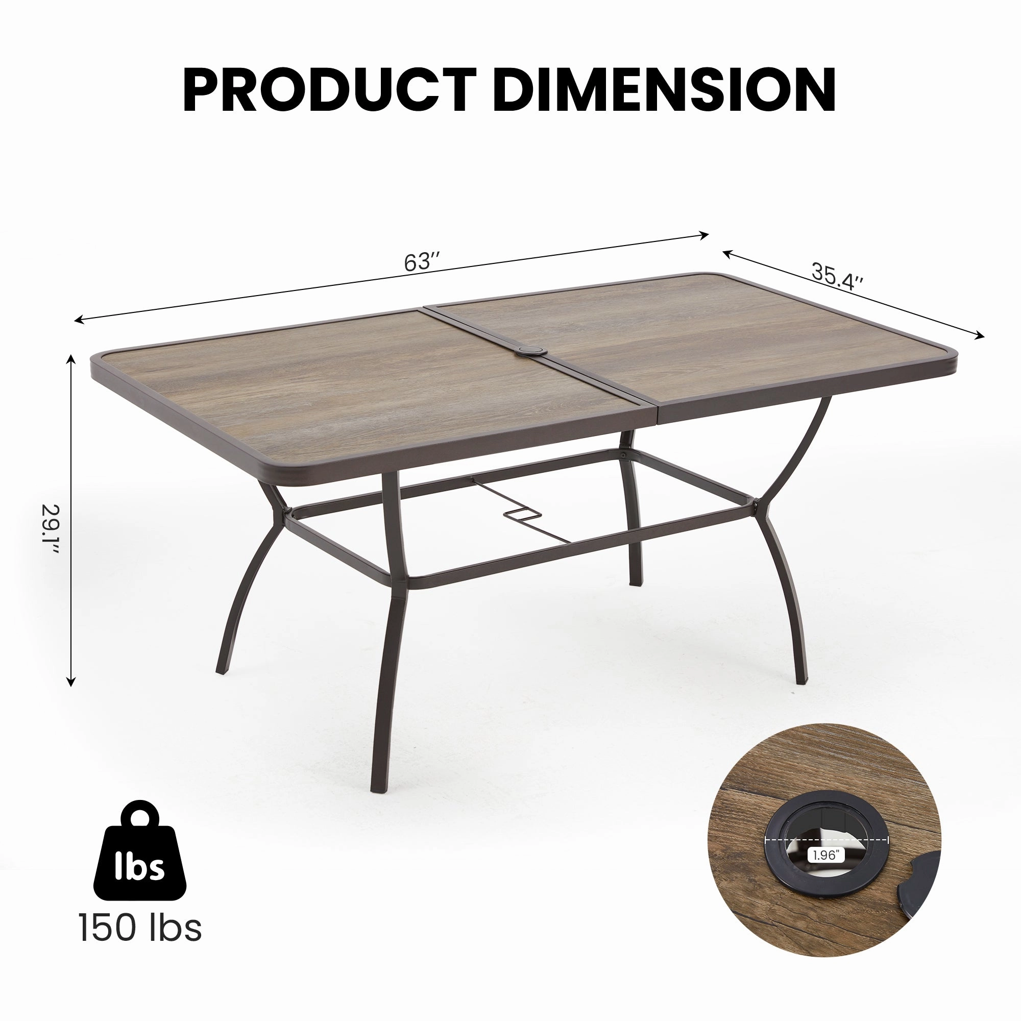HOMREST 63" x 36" Outdoor Patio Dining Table with 1.96" Adjustable Umbrella Hole