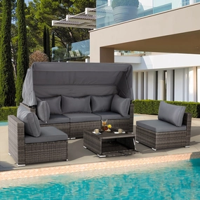 Homrest 6 Pcs Outdoor Sectional Sofa Daybed w/ Canopy & Adjustable Backrest, Grayoutdoor patio furniture set