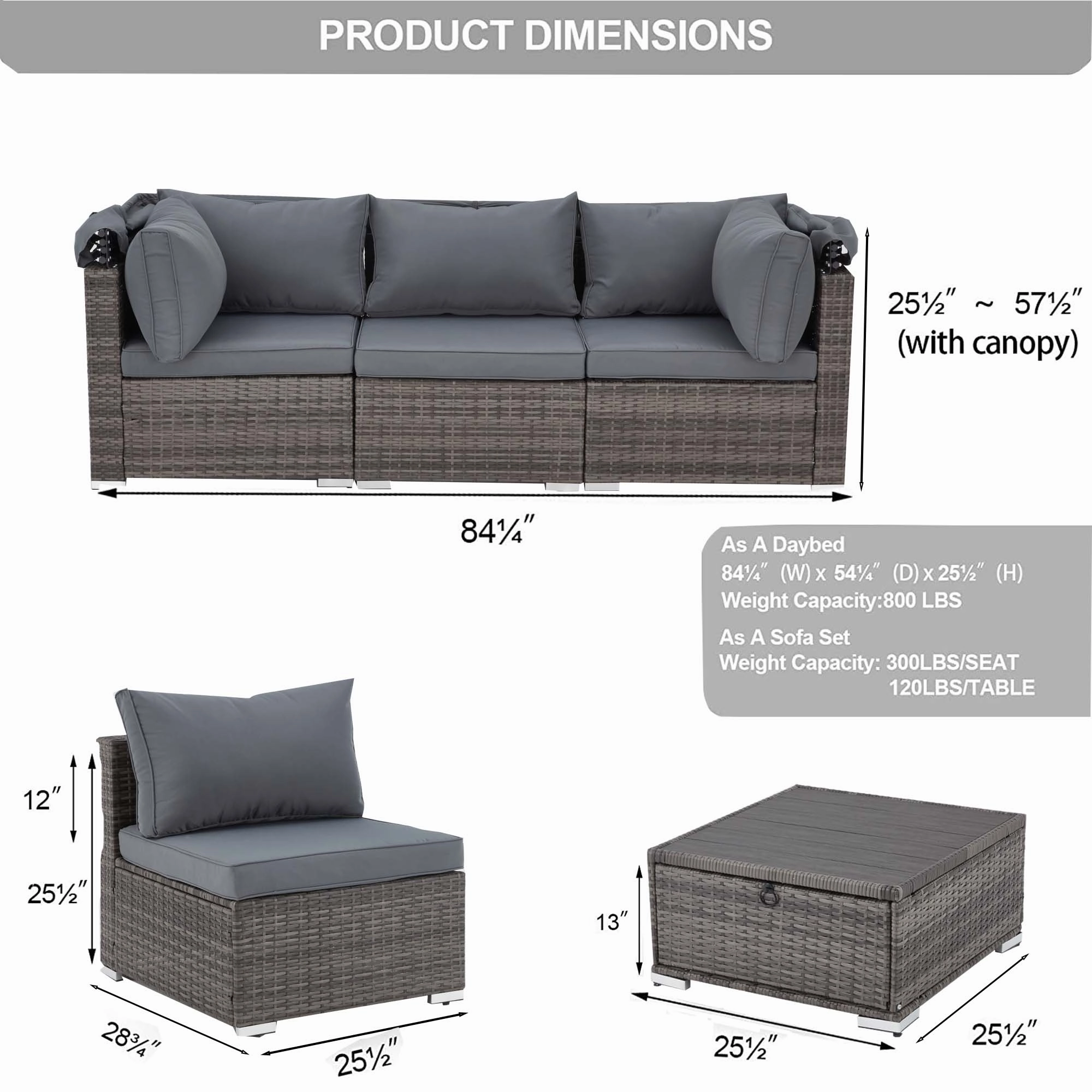 Homrest 6 Pcs Outdoor Sectional Sofa Daybed w/ Canopy & Adjustable Backrest, Gray