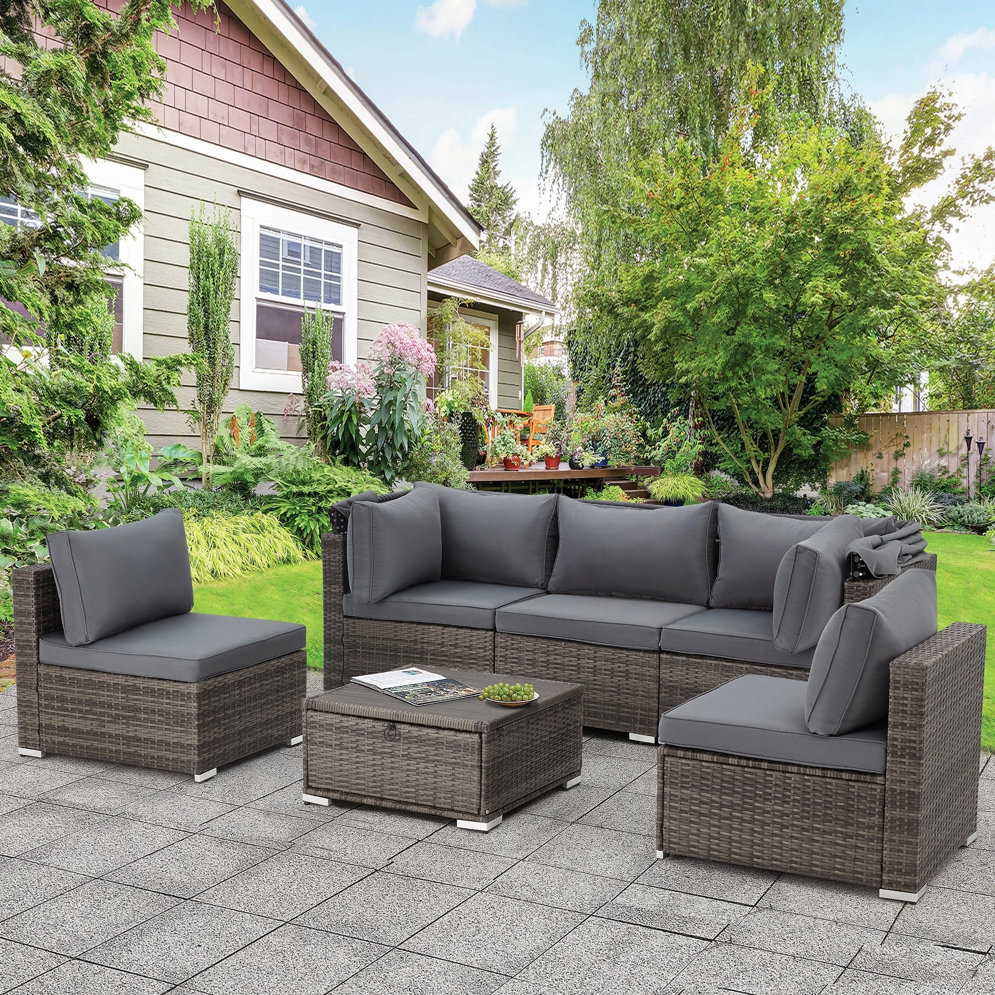 Homrest 6 Pcs Outdoor Sectional Sofa Daybed w/ Canopy & Adjustable Backrest, Gray