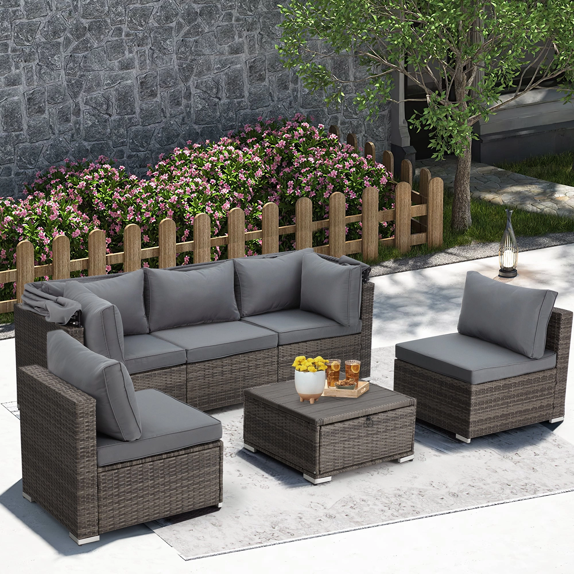 Homrest 6 Pcs Outdoor Sectional Sofa Daybed w/ Canopy & Adjustable Backrest, Gray
