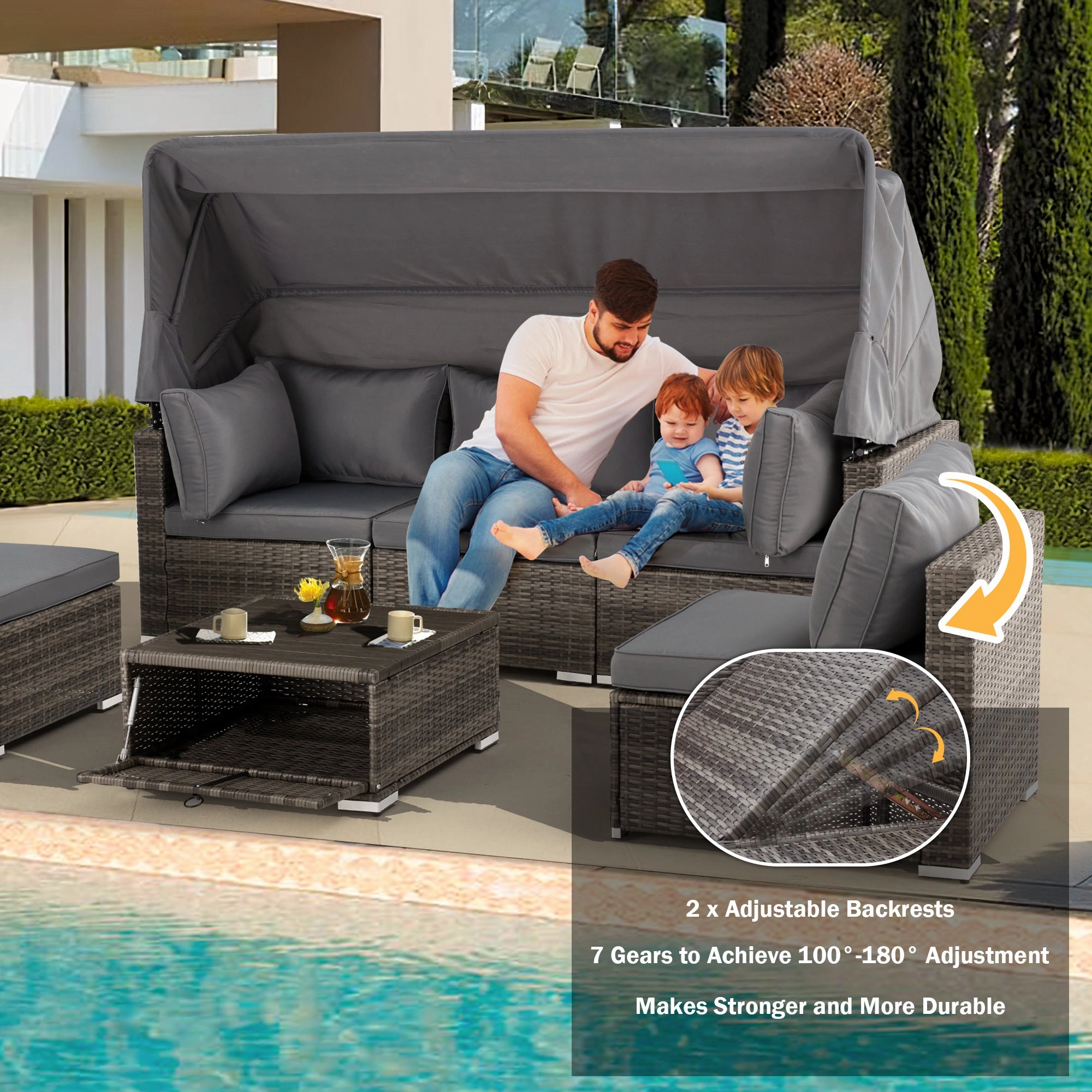 Homrest 6 Pcs Outdoor Sectional Sofa Daybed w/ Canopy & Adjustable Backrest, Gray