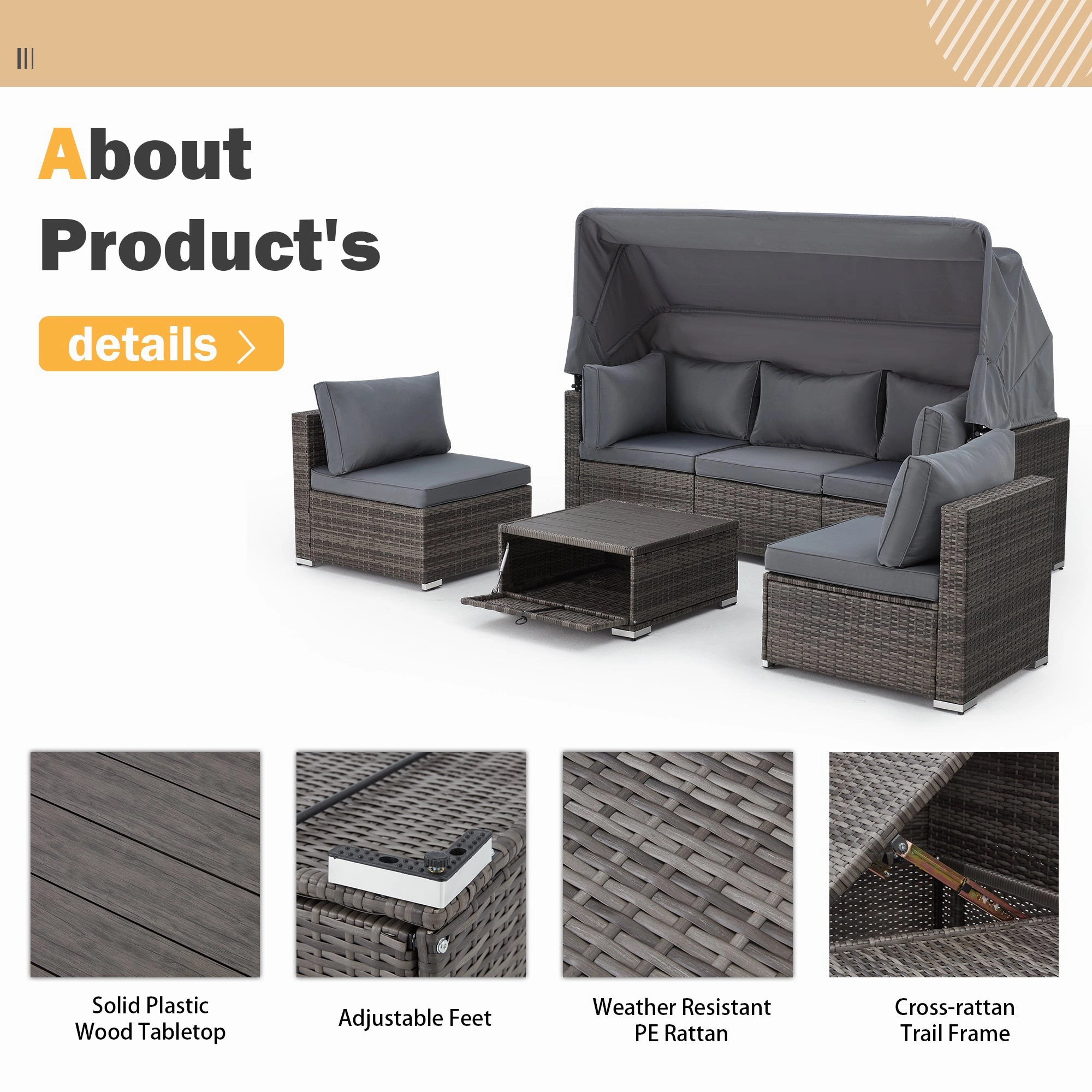 Homrest 6 Pcs Outdoor Sectional Sofa Daybed w/ Canopy & Adjustable Backrest, Gray