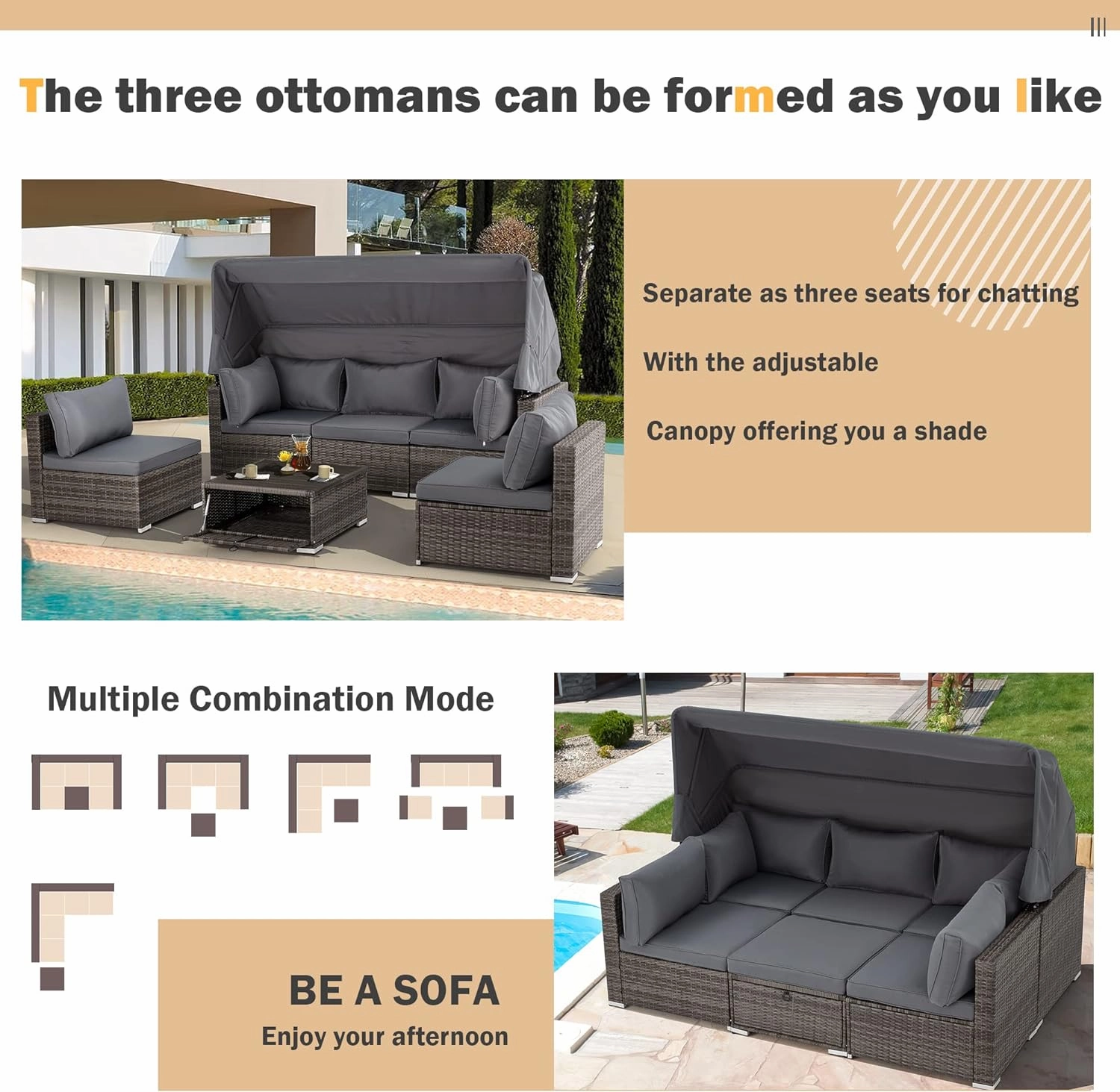 Homrest 6 Pcs Outdoor Sectional Sofa Daybed w/ Canopy & Adjustable Backrest, Gray