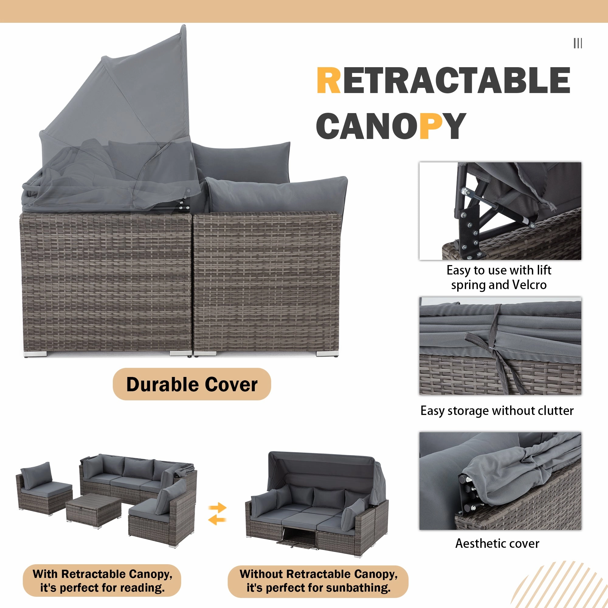 Homrest 6 Pcs Outdoor Sectional Sofa Daybed w/ Canopy & Adjustable Backrest, Gray