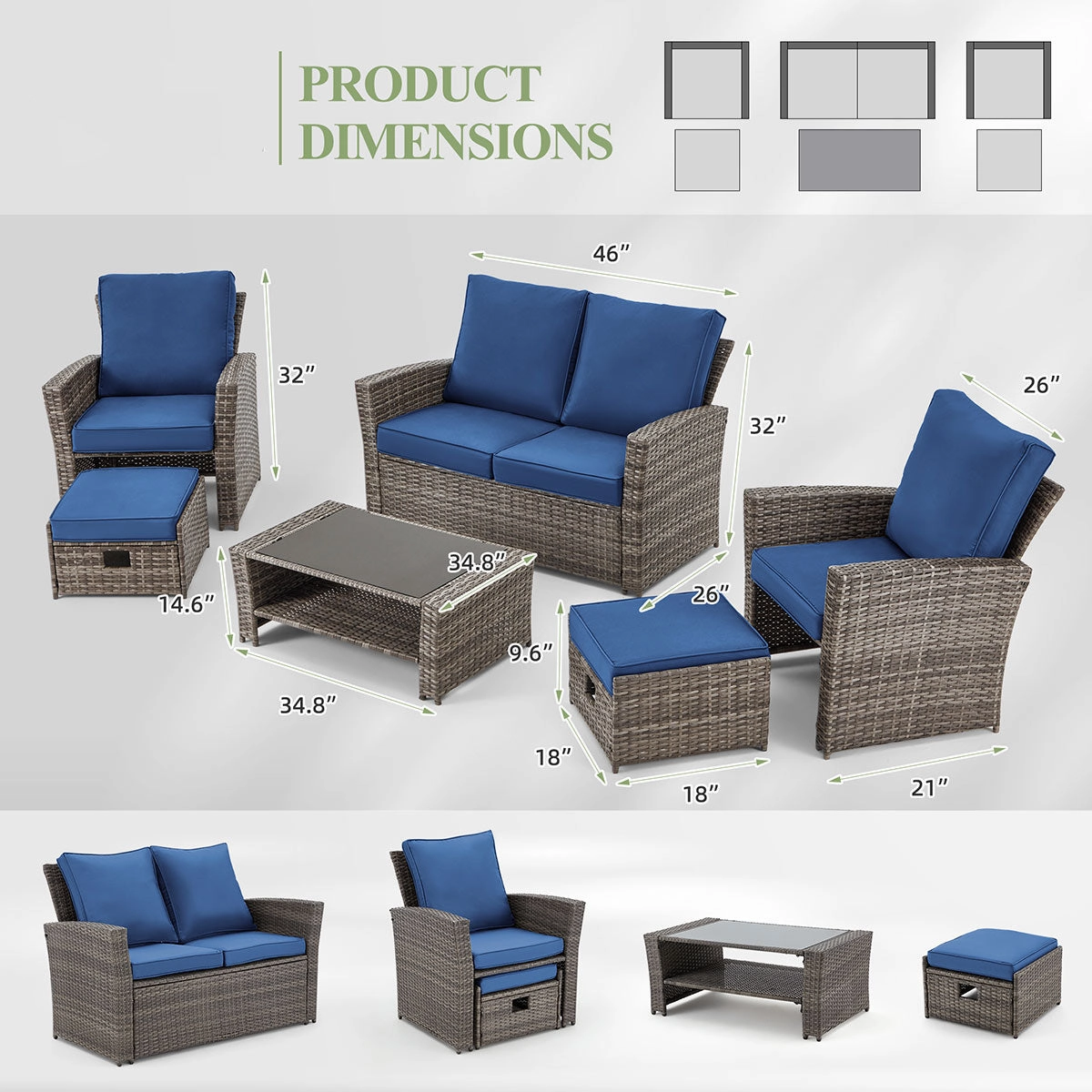 Homrest 6 Pcs Patio Furniture Set with Ottoman and Storage Table, Blue