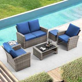 Homrest 6 Pcs Patio Furniture Set with Ottoman and Storage Table, Blueoutdoor patio furniture set