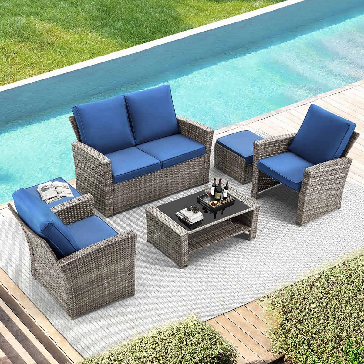 Homrest 6 Pcs Patio Furniture Set with Ottoman and Storage Table, Blueoutdoor patio furniture set