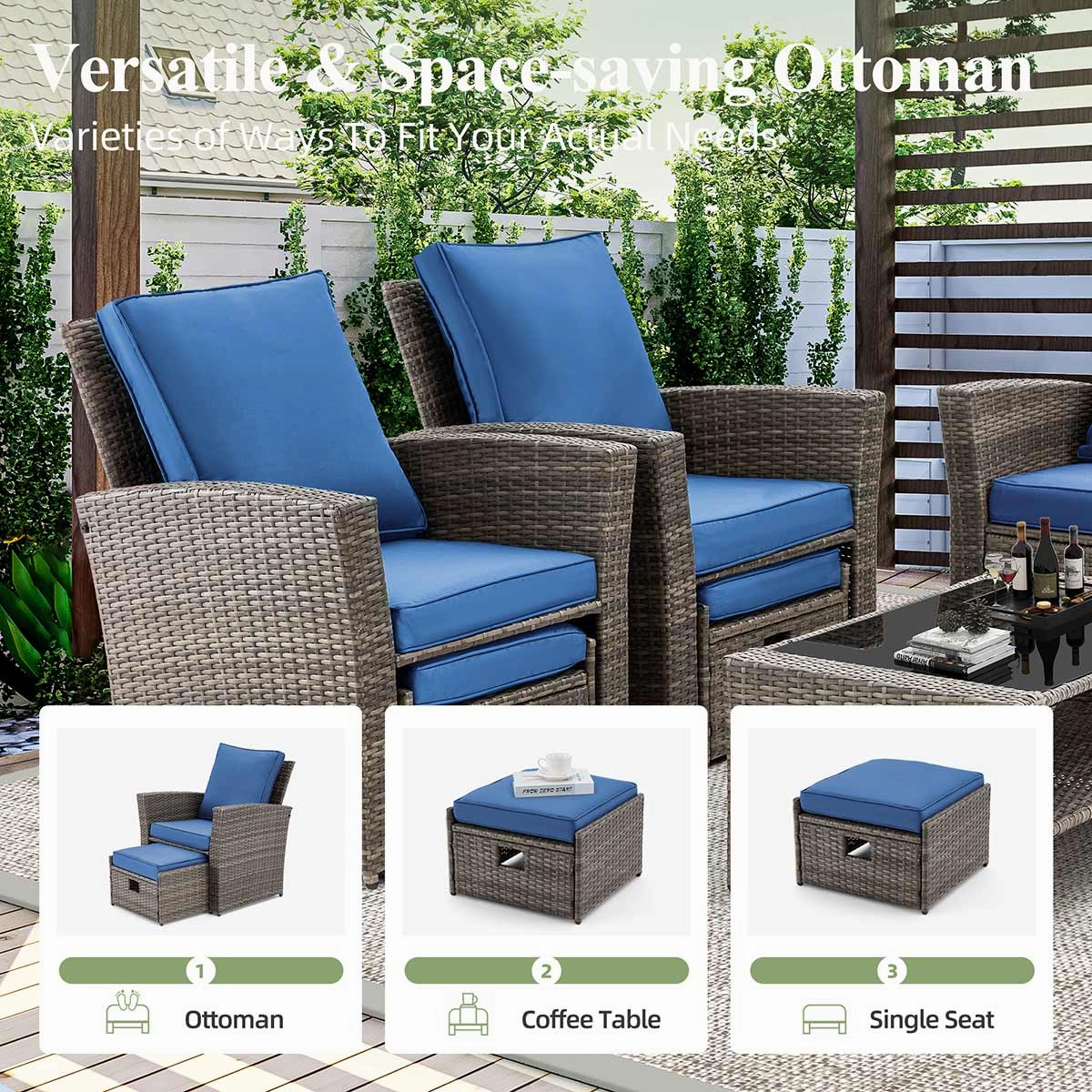 Homrest 6 Pcs Patio Furniture Set with Ottoman and Storage Table, Blue