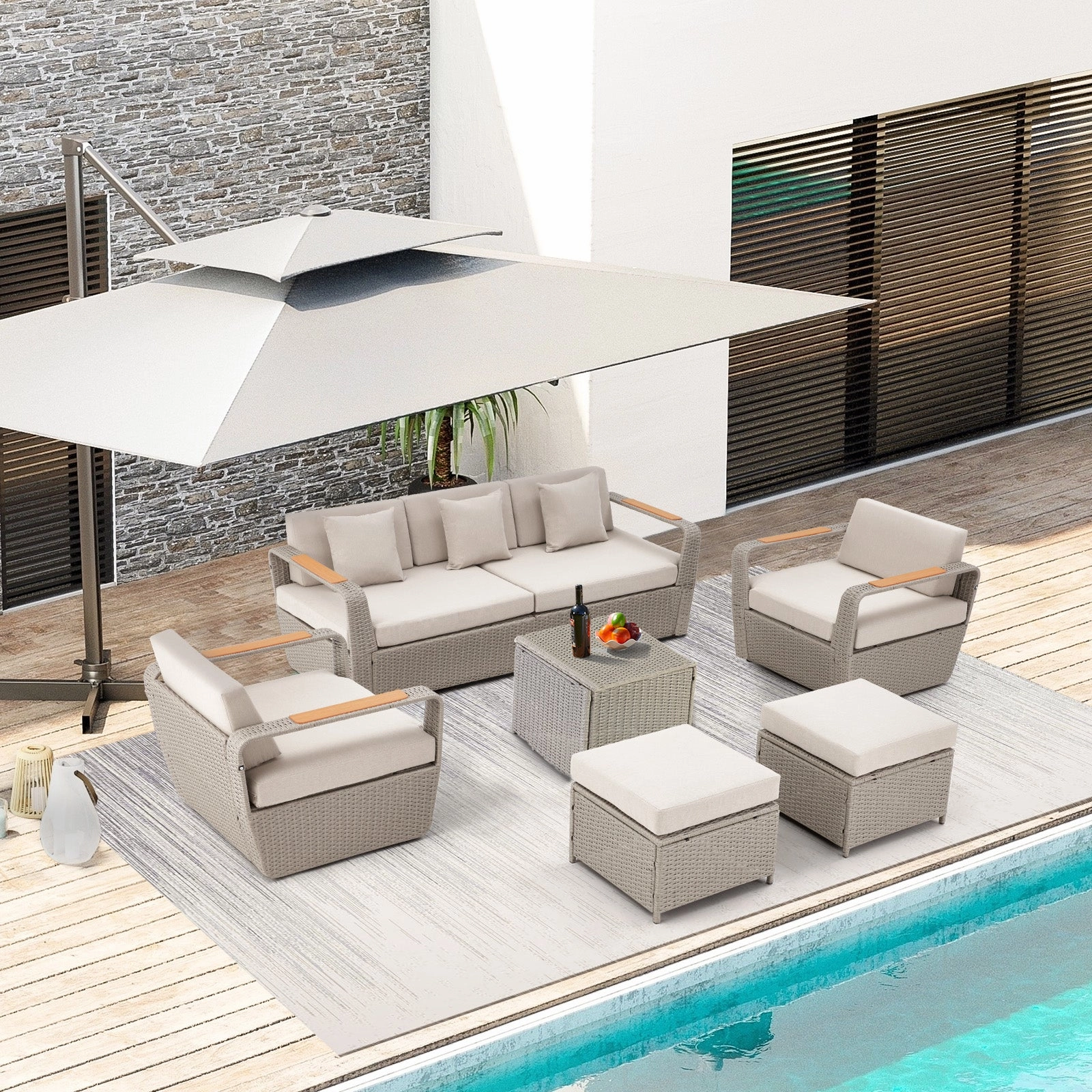 Homrest 6 Pcs Patio Furniture Set with Thick Cushion and Coffee Table, Light Grayoutdoor patio furniture set