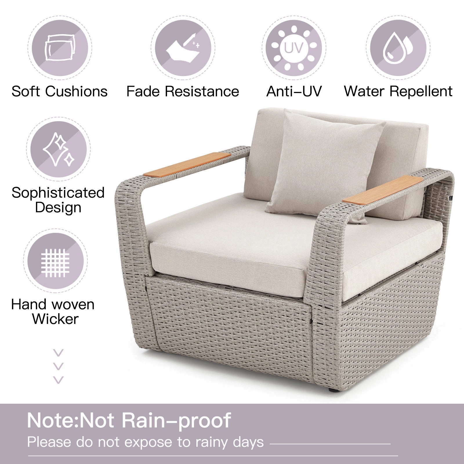 Homrest 6 Pcs Patio Furniture Set with Thick Cushion and Coffee Table, Light Gray