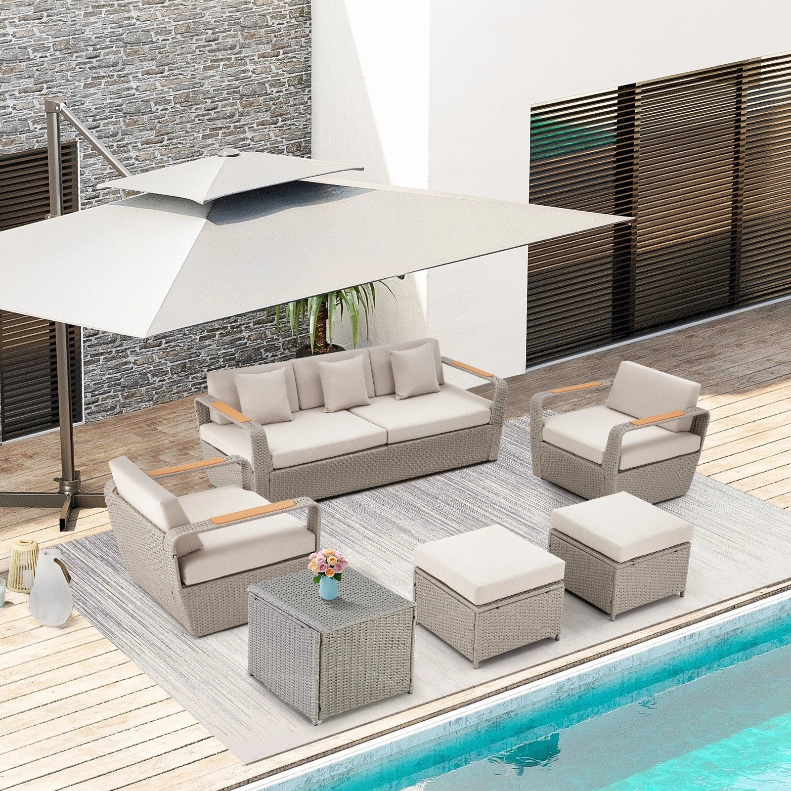Homrest 6 Pcs Patio Furniture Set with Thick Cushion and Coffee Table, Light Gray