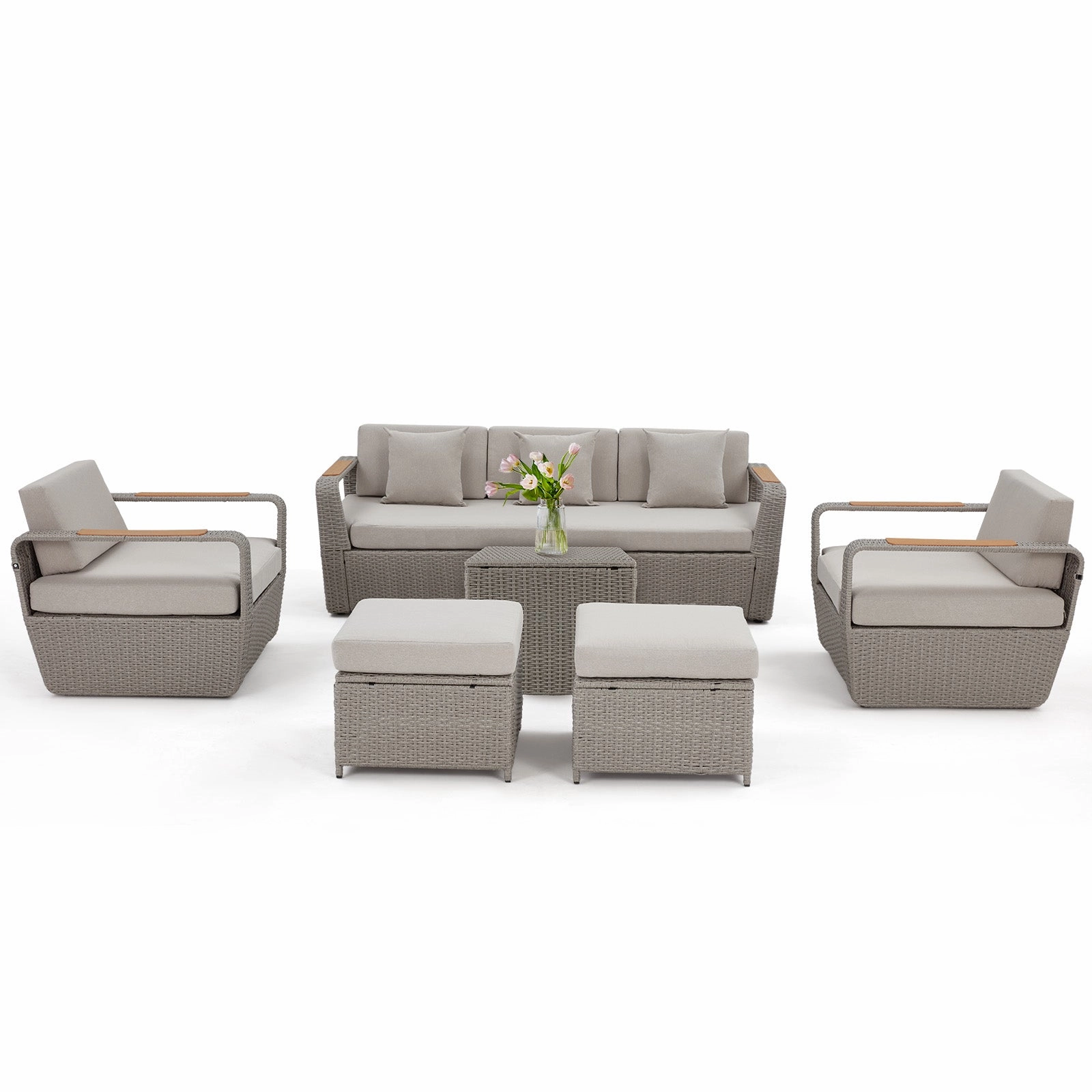 Homrest 6 Pcs Patio Furniture Set with Thick Cushion and Coffee Table, Light Gray