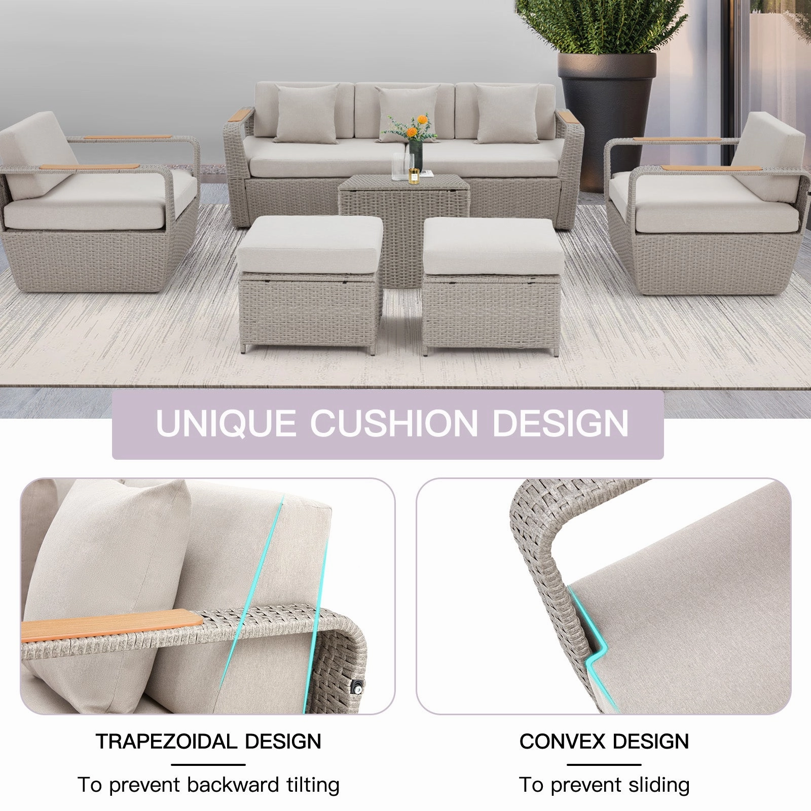 Homrest 6 Pcs Patio Furniture Set with Thick Cushion and Coffee Table, Light Gray
