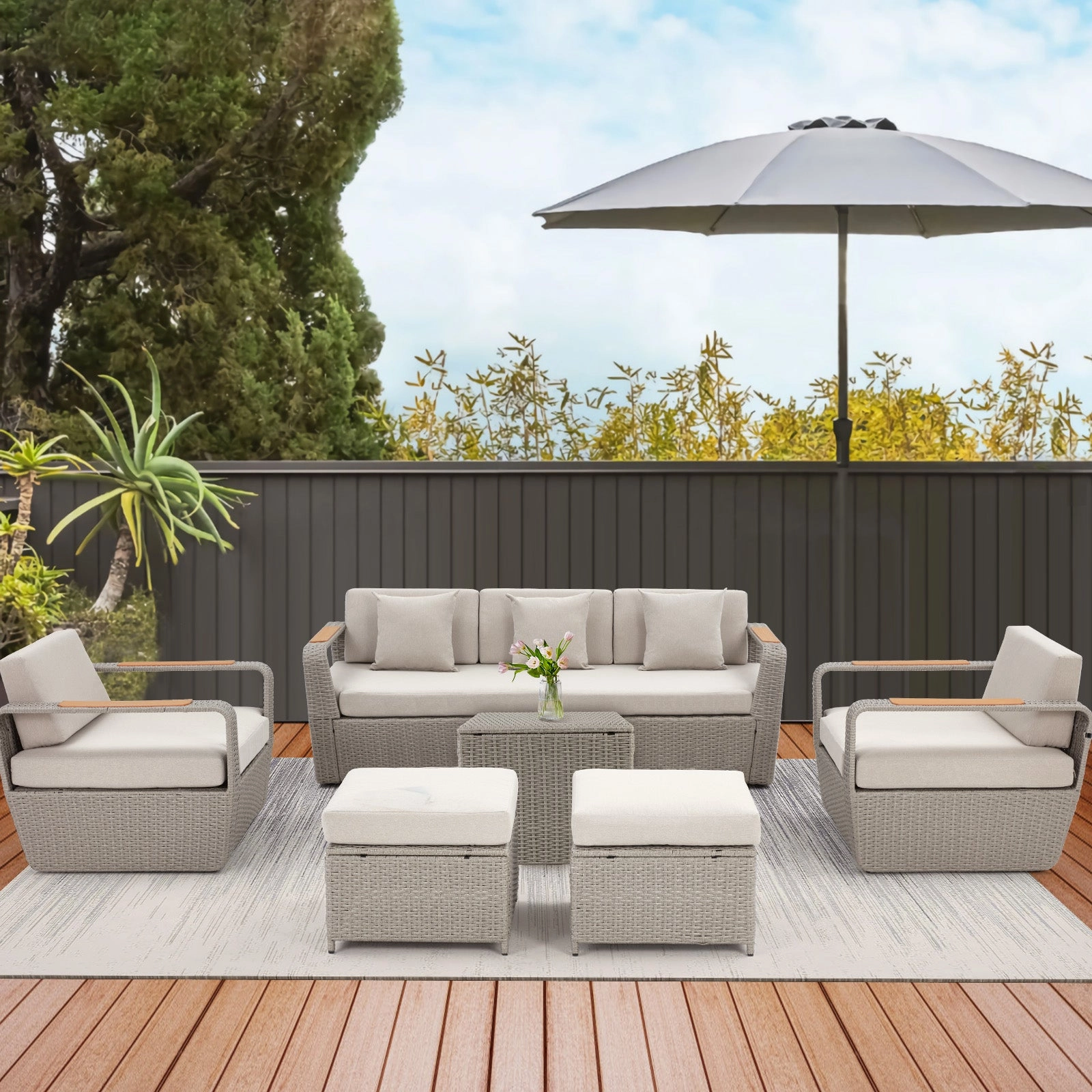 Homrest 6 Pcs Patio Furniture Set with Thick Cushion and Coffee Table, Light Gray